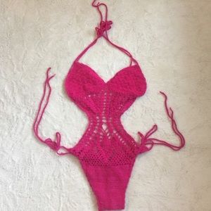 Pink one piece crochet bathing suit