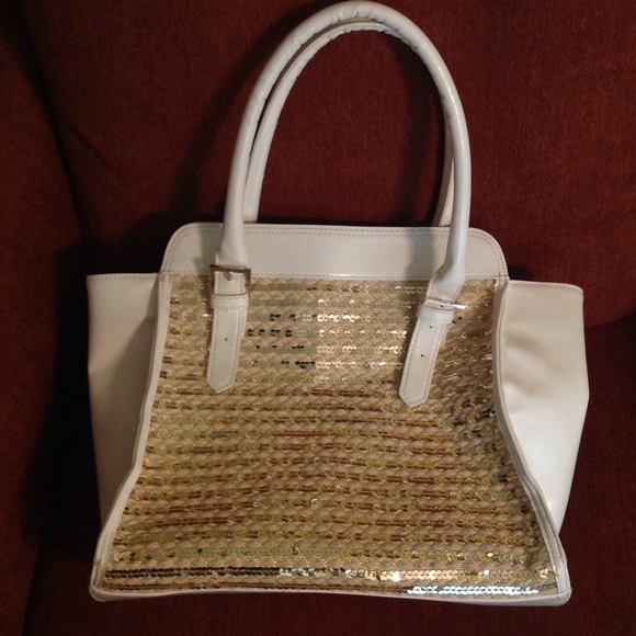 Gold Sequin Stripe & White Shopper Bag