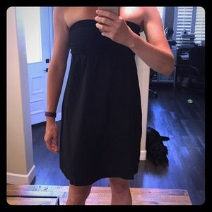 Strapless black dress.