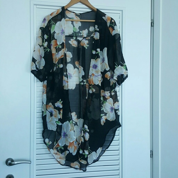 Long Black Sheer Floral Kimono