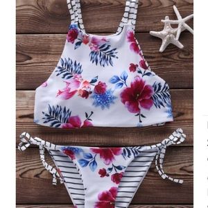 Floral Halter and Stripe Reversible Bikini Set