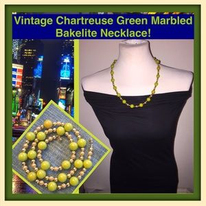 VTG Chartreuse Green Marbled Bakelite Necklace!