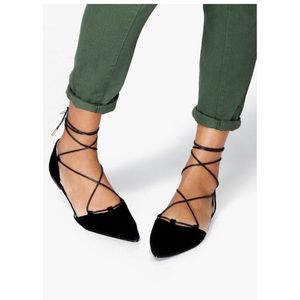 Pointed lace up d'orsay flats black suede