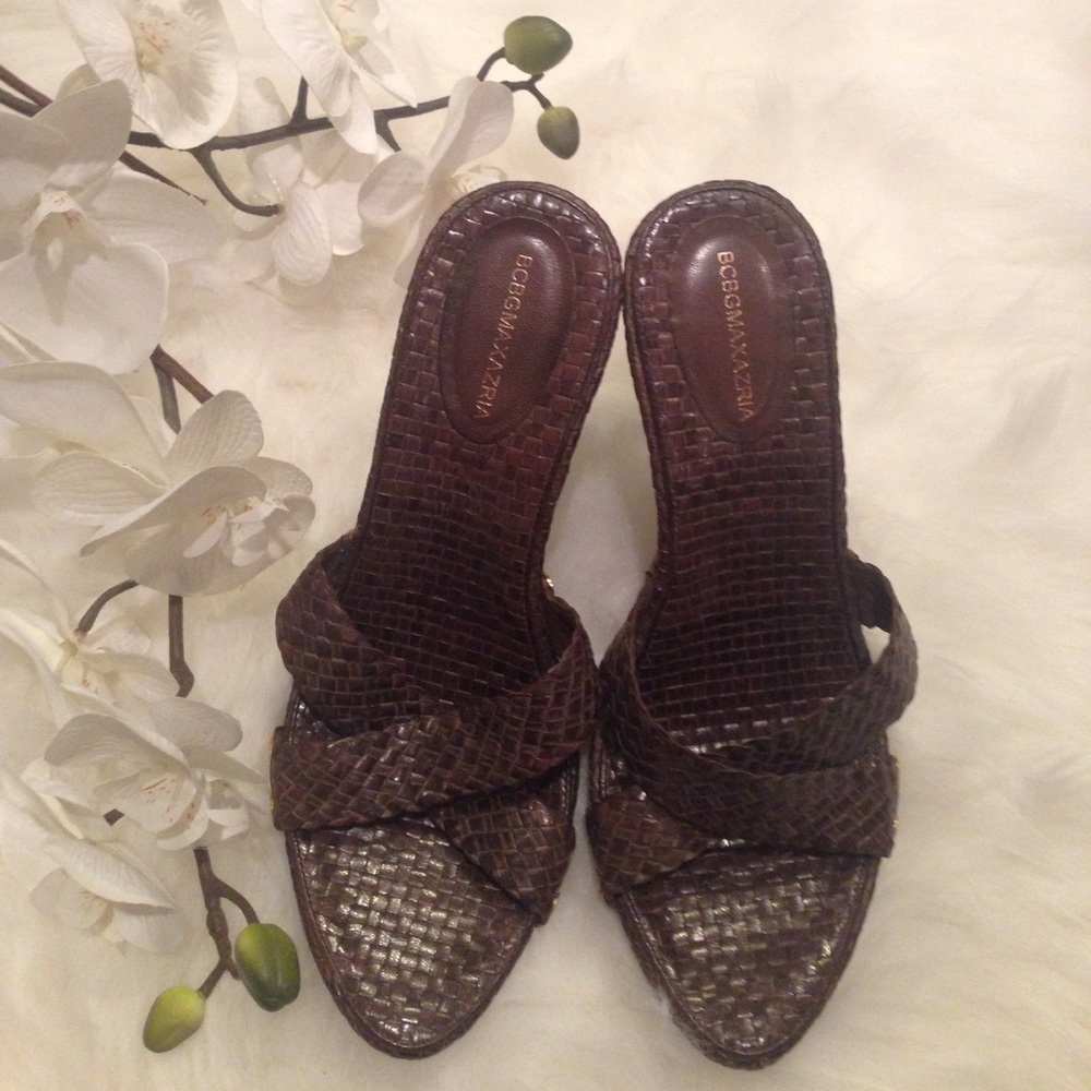 BCBGMAXAZRIA Nicasia woven leather sandals.