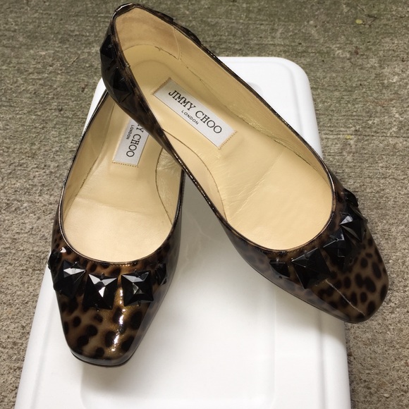 Jimmy Choo Pyramid Stud Leopard Print Patent Flats
