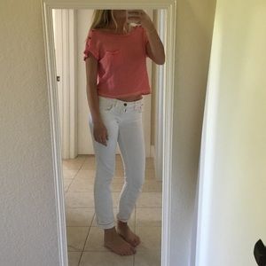 Pink knit capped sleeve crop top