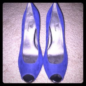 Bright blue suede peep toe heels!
