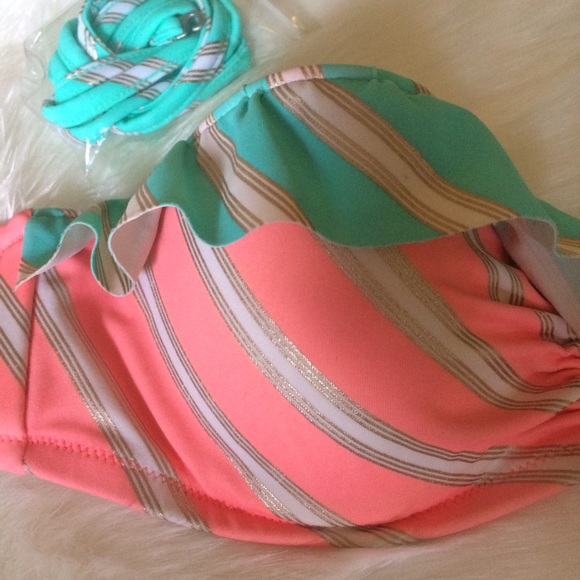 Coral & Aqua Ruffle Bandeau top - Picture 2 of 4