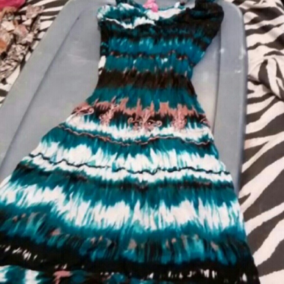 Blue asymmetrical hem dress with tan embroidery