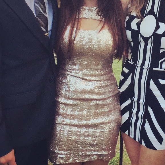 Gold sequin formal mini dress. - Picture 3 of 4