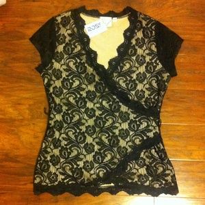 Janet Chung black lace faux wrap top NEW