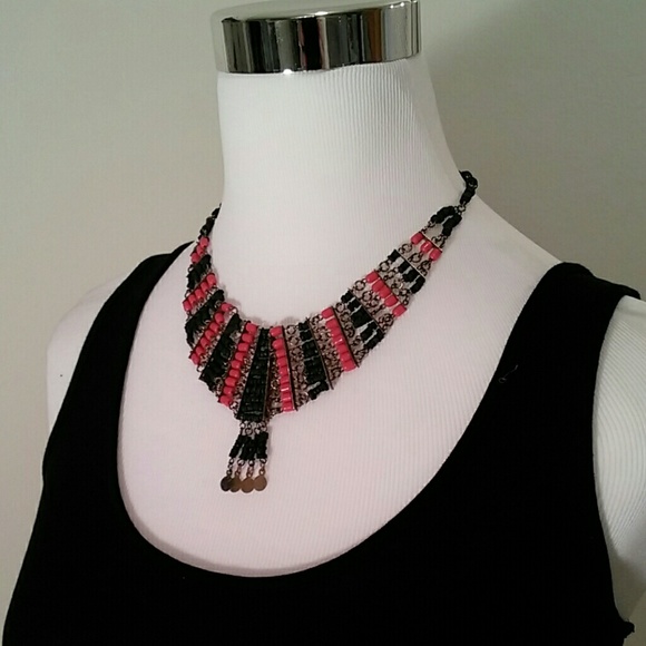 Unique coral and black boho necklace