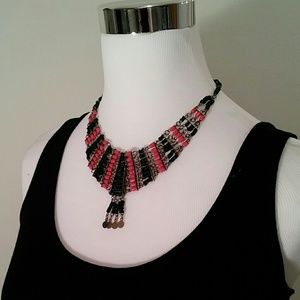 Unique coral and black boho necklace