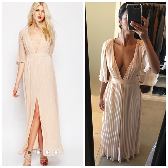 pleated maxi dress with flutter sleeve