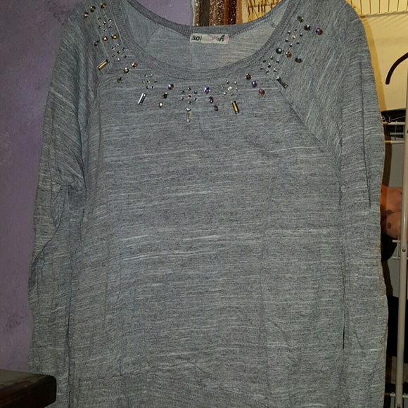 Lt weight Grey Sweater w/ Jeweled Neck Size XL