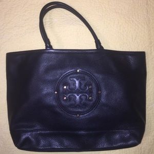 Black leather Tory Burch tote bag.