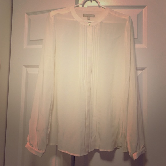 Silk collarless pintuck blouse