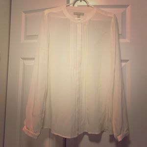 Silk collarless pintuck blouse