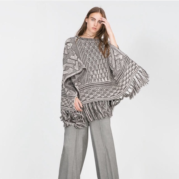 Zara Sweaters - ZARA BLACK AND WHITE FRINGE PONCHO Zara Sweaters - ZARA BLACK AND WHITE FRINGE PONCHO