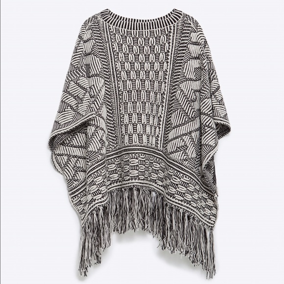 Zara Sweaters - ZARA BLACK AND WHITE FRINGE PONCHO Zara Sweaters - ZARA BLACK AND WHITE FRINGE PONCHO
