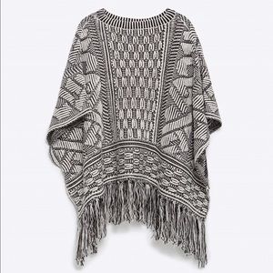Zara Sweaters - ZARA BLACK AND WHITE FRINGE PONCHO Zara Sweaters - ZARA BLACK AND WHITE FRINGE PONCHO