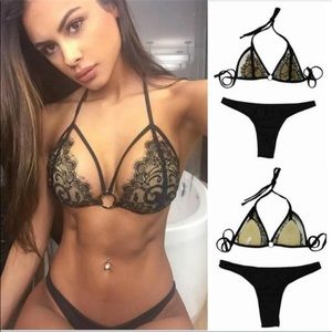 Sexy black strappy lace Brazilian bikini