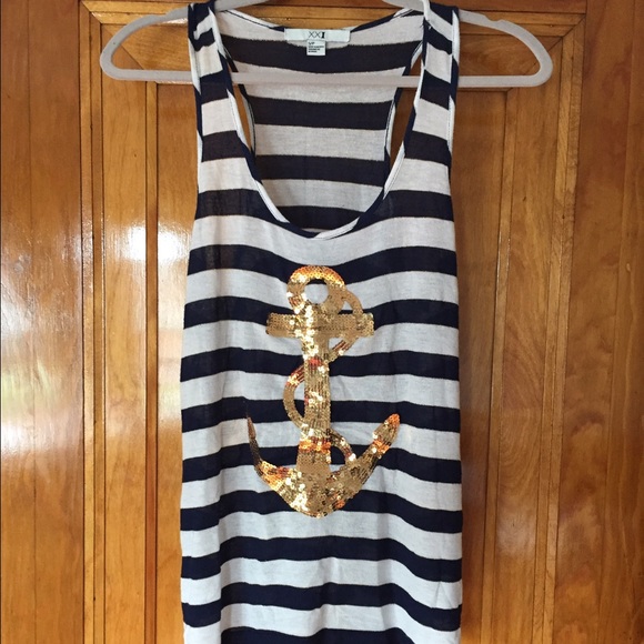 FOREVER 21 SEQUIN ANCHOR TANK TOP W/ NAVY STRIPES