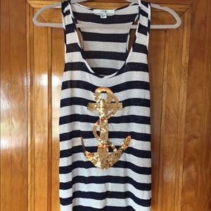 FOREVER 21 SEQUIN ANCHOR TANK TOP W/ NAVY STRIPES