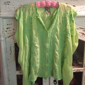 Johnny Was SUMMER lime green embroidered shirt