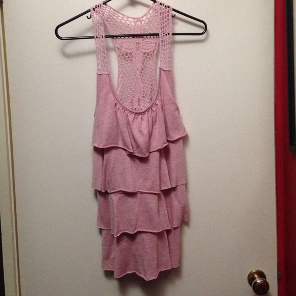 pink ruffled & lace tank top