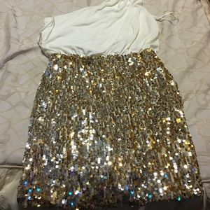 White and gold sequin one shoulder dress