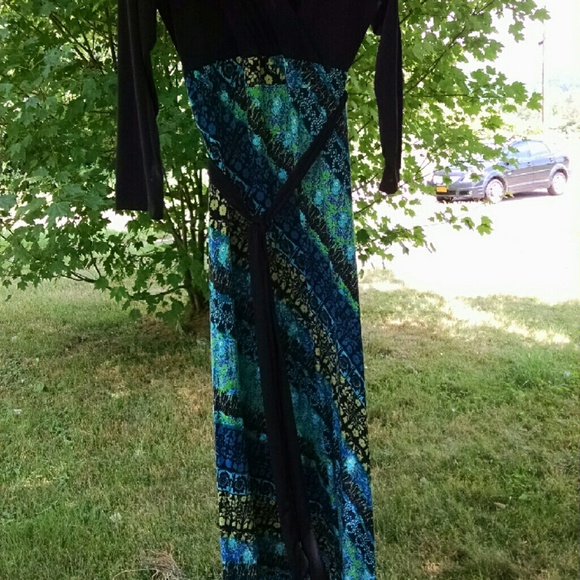 Knit Black & Blue Print Maxi Dress (Faux Wrap) - Picture 3 of 4
