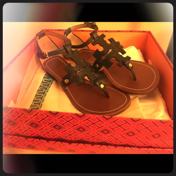 Tory Burch black leather gladiator wedge sandals