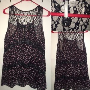 Large- dressy tank top Black and floral lace print