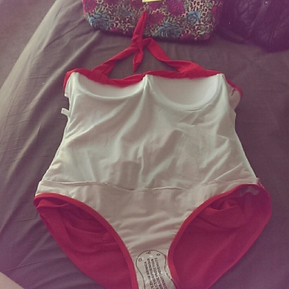 (SOLD.  )More pics Retro Red Swim Rouched swimsuit - Picture 2 of 2