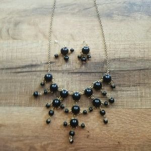 Black and gold beaded necklace and earring set