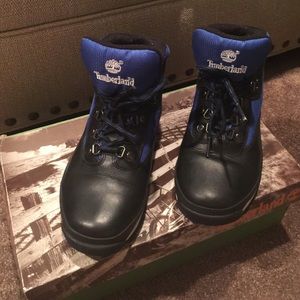 Black and blue Timberland boots