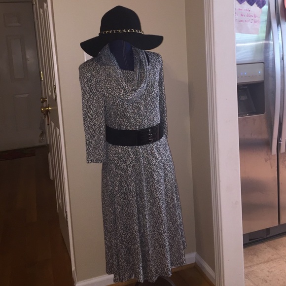 Black and white knit dress with belt and scarf