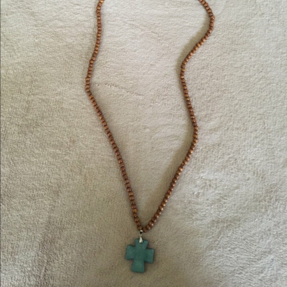 Wood bead necklace with cross pendant