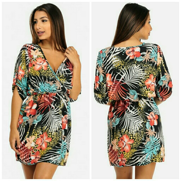 Tropical Print Cuff Sleeve Dress