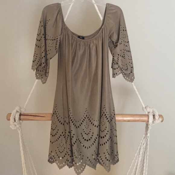 Off the shoulder fully lined suede tan mini dress