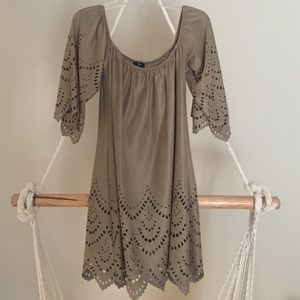 Off the shoulder fully lined suede tan mini dress