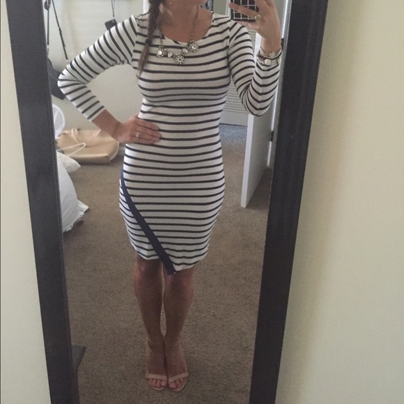 Navy Striped Boutique Dress - Asymmetrical Hemline - Picture 2 of 2