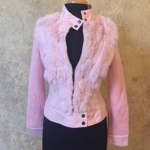Rabbit fur faux leather sweater jacket coat M