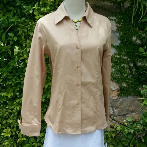 Beautifully tailored tan polished cotton  blouse,
