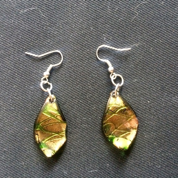 Green and gold iridescent glass earrings
