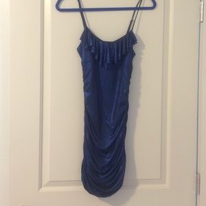 Dark blue shiny ruched dress w/ ruffle