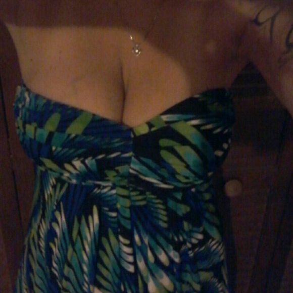 Floor length strapless summer dress.
