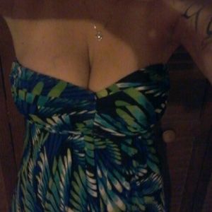 Floor length strapless summer dress.