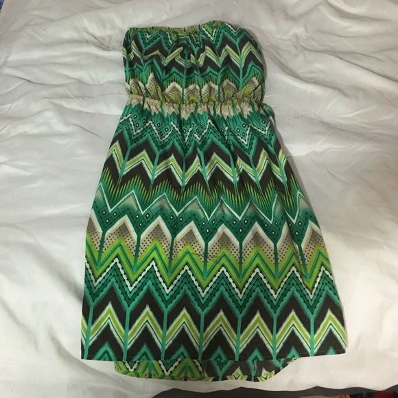 Green strapless tribal open back short dress